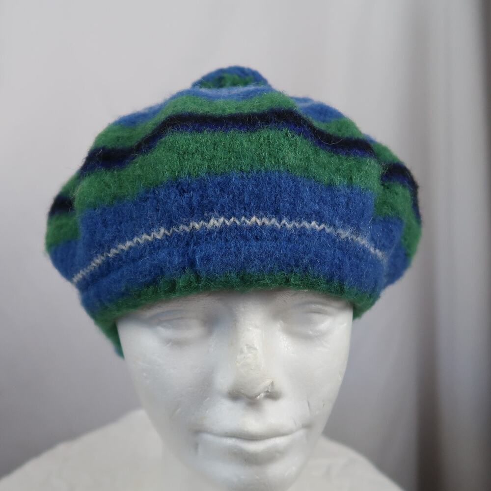 Vintage Ancient Douglas Blue and Green Stripe Wool Beret Hat Bobble Scottish - Picture 2 of 8